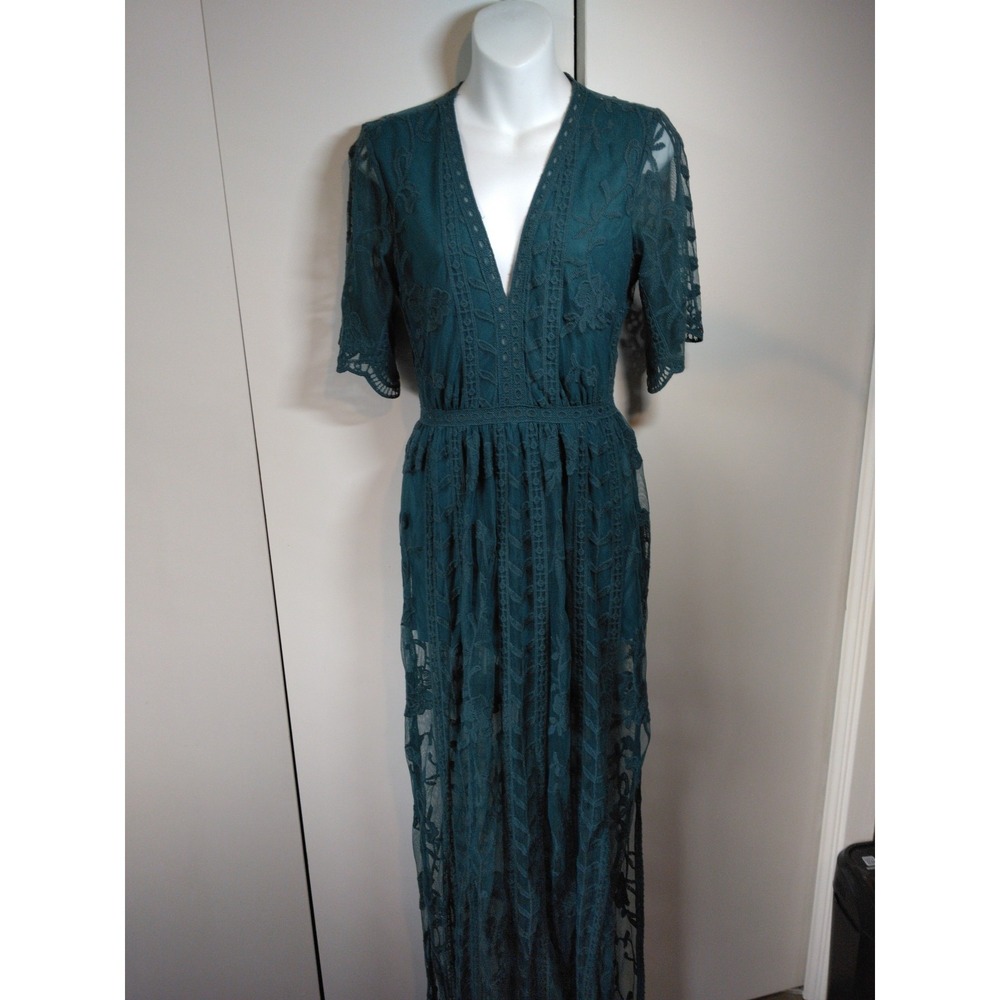 Women Lace Overlay Romper Maxi Dress Size S Teal Resort Fairy Romantic Feminine